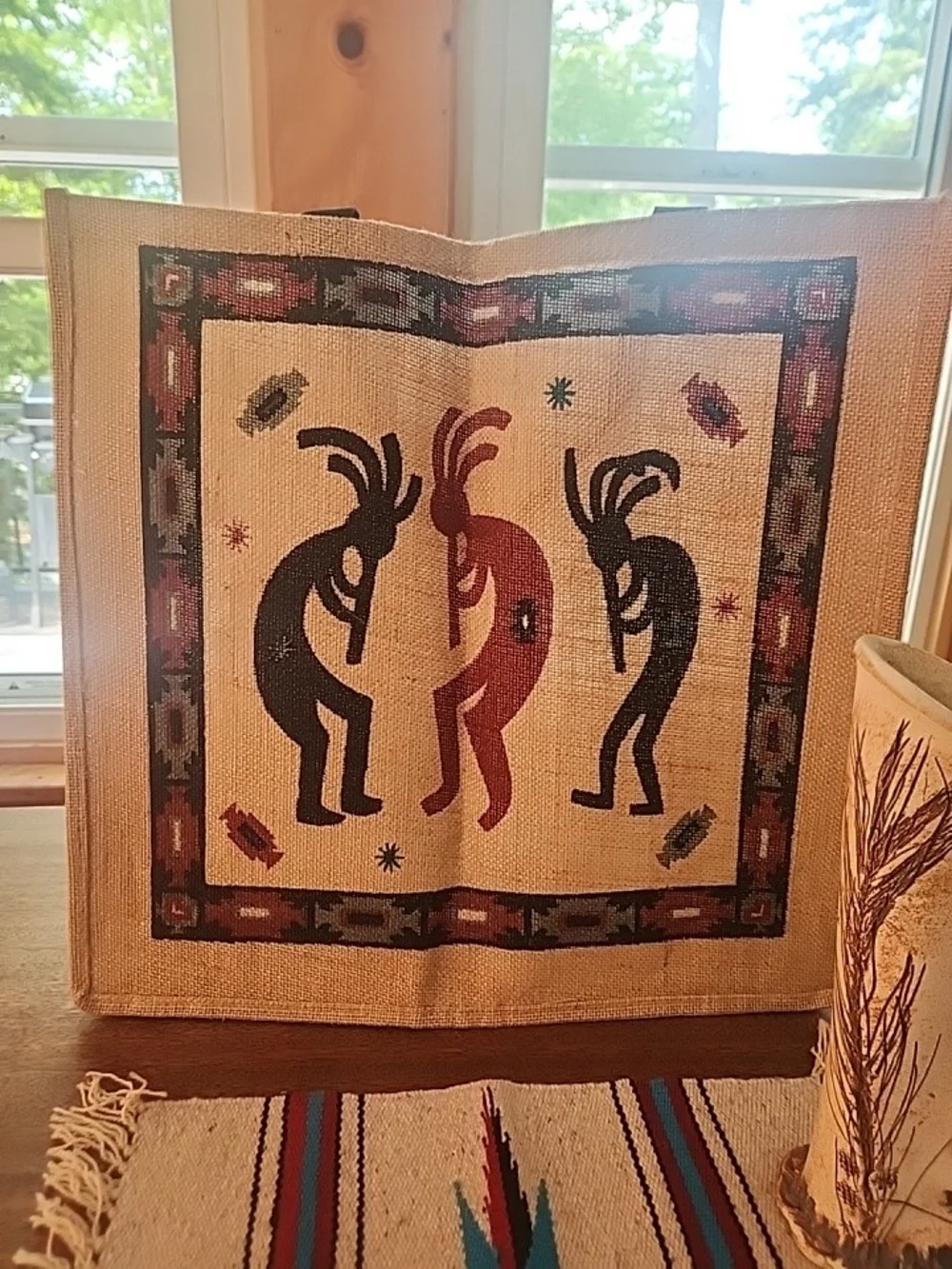 Southwestern Lot Decorative Wool Mat,HandCrafted Vase, &Kokopellia Bulap Bag